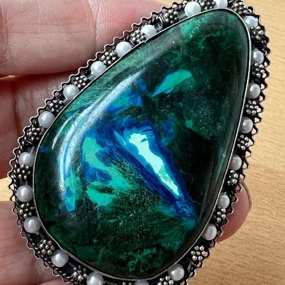 VINTAGE HUGE EILAT STONE CHRYSOCOLLA 925 SS PENDANT PIN BROOCH STATEMENT ISRAEL